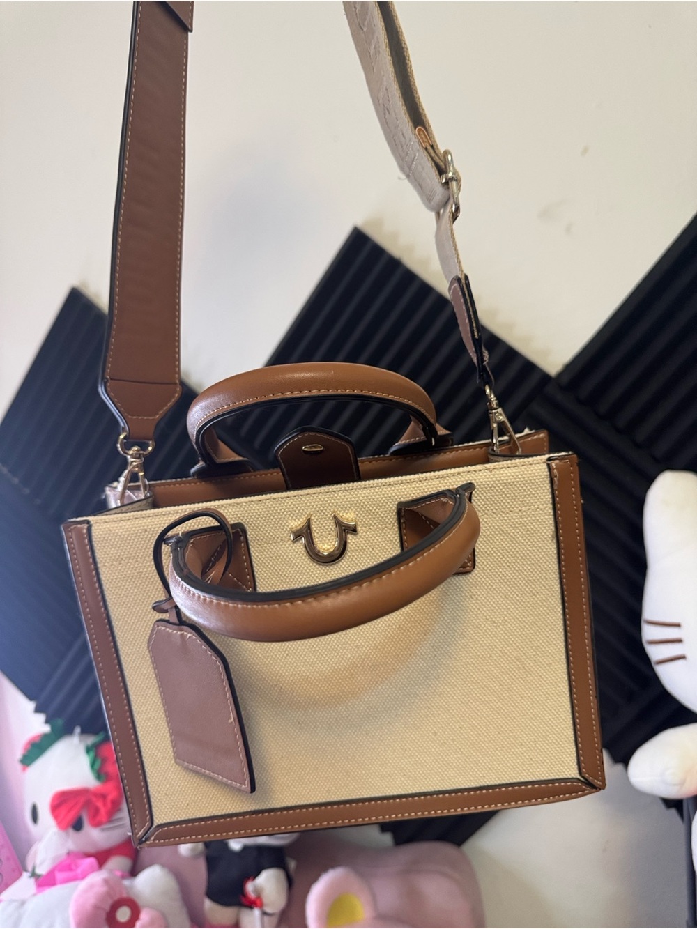 True Religion Cream and Brown Canvas Satchel with Leather Trim